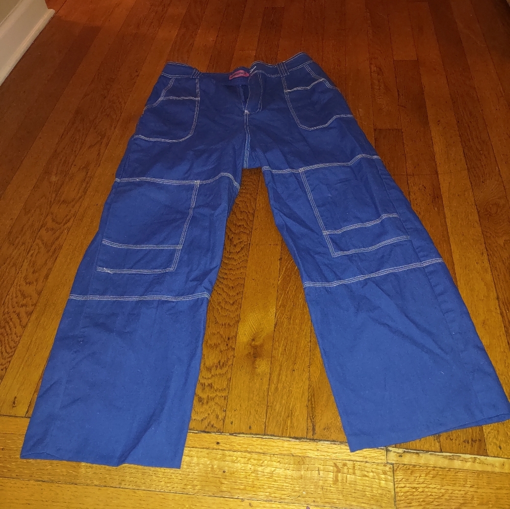 Blue Wide Leg Cargo Pants With White Accent Size Med 23 In Inseam